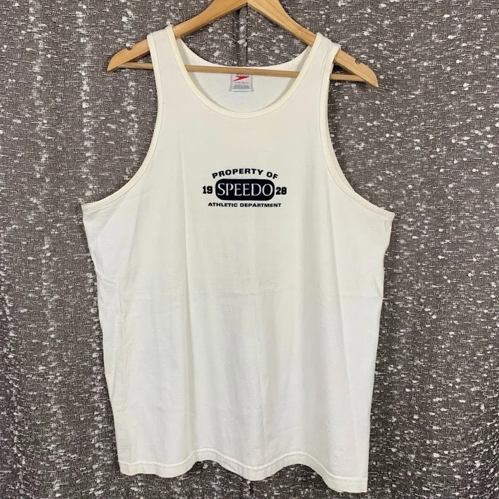 Vintage 90s Speedo Athletic Department Graphic White Tank Top Shirt XL‎